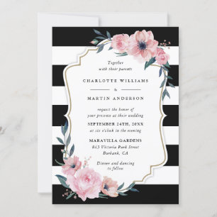 Elegante Schwarz Rosa Blütenhochzeit Einladung
