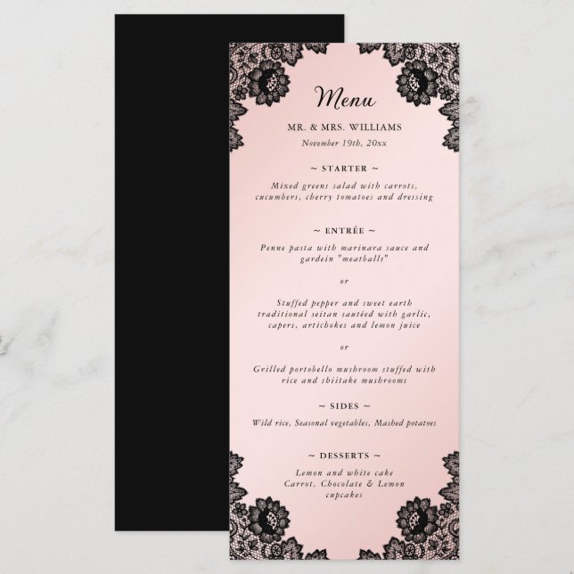 Elegante Schwarz-Rosa-Blütenhochzeit Menükarte (Vorne/Hinten)