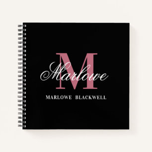 Elegante Schwarz-Rosa-Monogramm-Kalligraphie Notizbuch