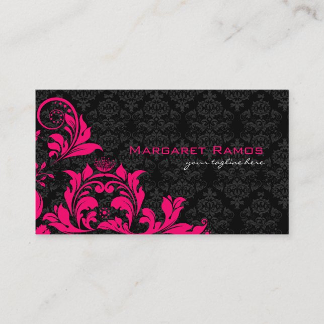 Elegante Schwarz-Rosa- und Weiß-Vintage Damaskus Visitenkarte (Vorderseite)