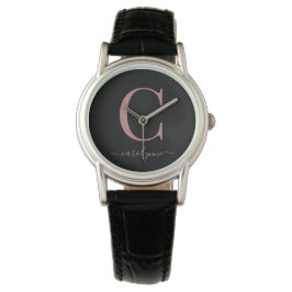 Elegante Schwarz-Rose-Gold-Monogramm-Kalligraphie Armbanduhr