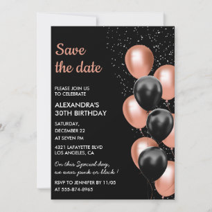 Elegante Schwarz-Roségold-Ballon 30. Save-the-Date Einladung