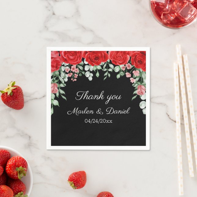 Elegante Schwarz-Rot-Blütenhochzeit Serviette (Beispiel)