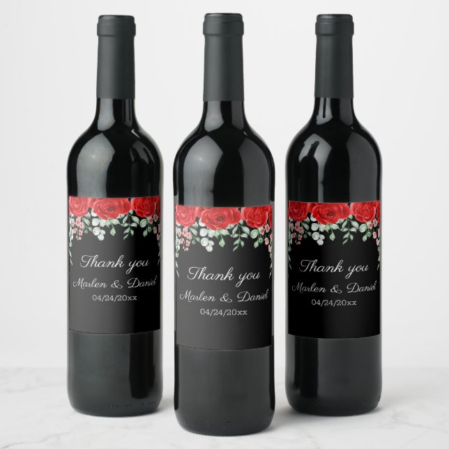 Elegante Schwarz-Rot-Blütenhochzeit Weinetikett (Flaschen)