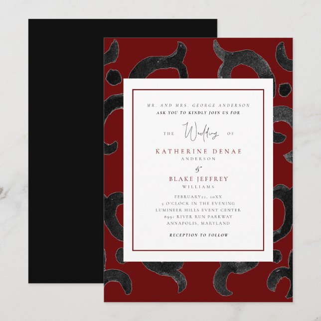 Elegante Schwarz-Rot-Winter-Einladung zur Hochzeit Einladung (Vorne/Hinten)