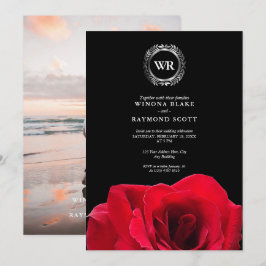 Elegante Schwarz-Rote Rose Silberfalke-Initialen Einladung