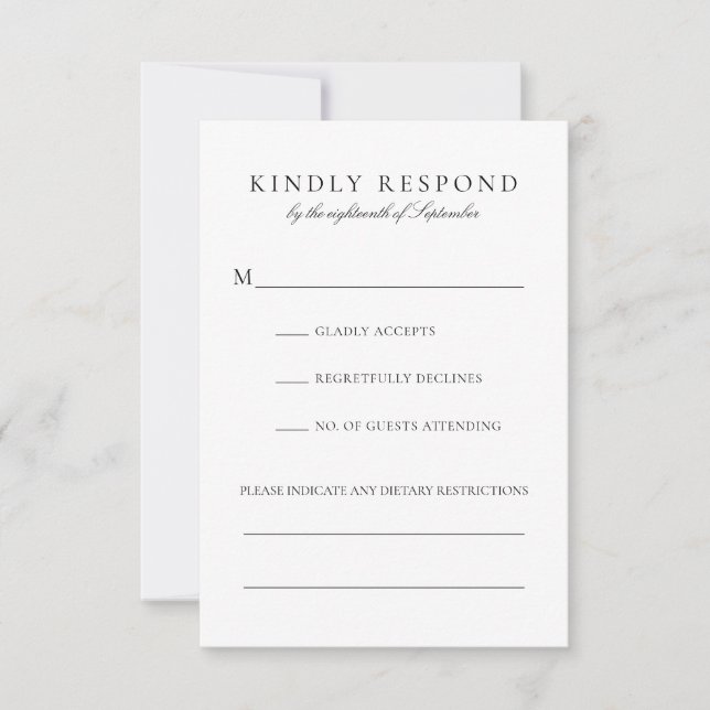 Elegante Schwarz-Script-Diätbeschränkungen Hochzei RSVP Karte (Vorderseite)