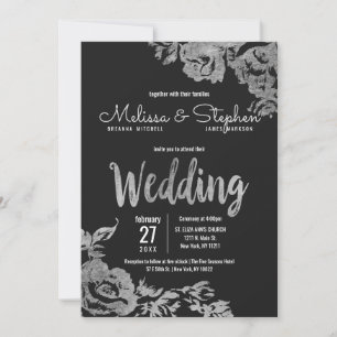Elegante Schwarz-Silber-Blumenhochzeit Einladung