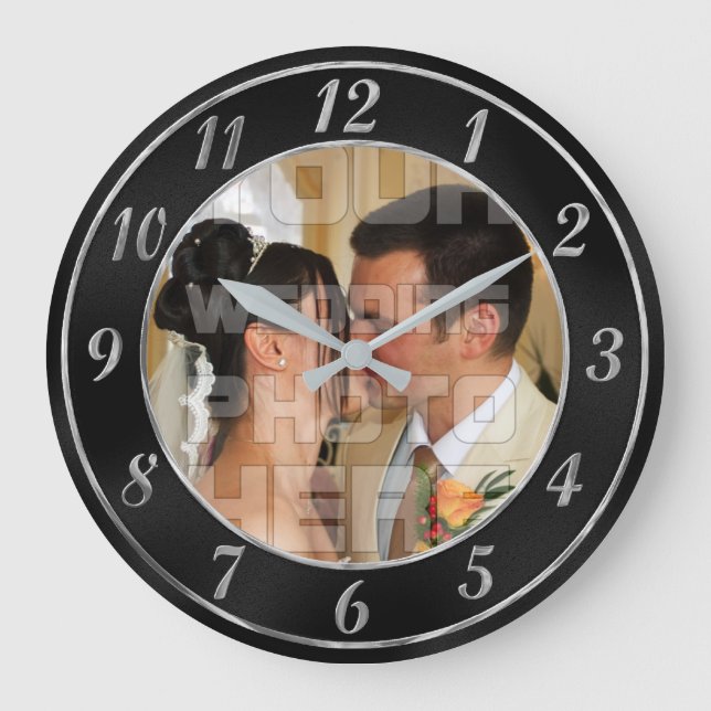Elegante Schwarz-Silber-Hochzeitsszene Foto-Uhr Große Wanduhr (Vorderseite)