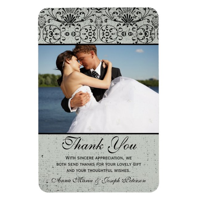 Elegante, schwarz-silberne Damaske Hochzeit danke Magnet (Vertikal)