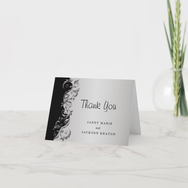 Elegante Schwarz & Silver Floral Wedding Vielen Da Dankeskarte (Vorderseite)
