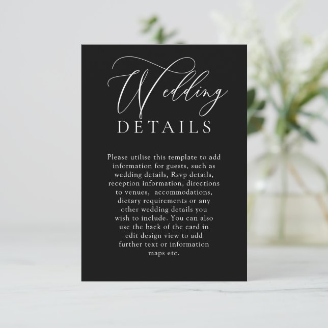 Elegante Schwarz-Timeless Moderne Hochzeiten Detai Begleitkarte (Stehend Vorderseite)
