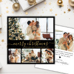 Elegante Schwarz und Gold 4 Foto Collage Weihnacht Feiertagskarte<br><div class="desc">Elegante Kalligrafie Minimalistisch Black und Gold 4 Foto Collage Frohe Weihnachts Script Holiday Card. Dieses festliche, mimimalistische, whimsical vier (4) Foto Urlaubskarte Vorlage verfügt über eine hübsche Foto Collage und sagt "Frohe Weihnachten"! Der "Frohe Weihnachten"-Grußtext ist in einer schönen Hand geschrieben Wirble Swash-Schwanz-Schriftart-Typ in Gold auf schwarzem Hintergrund. Auf der...</div>