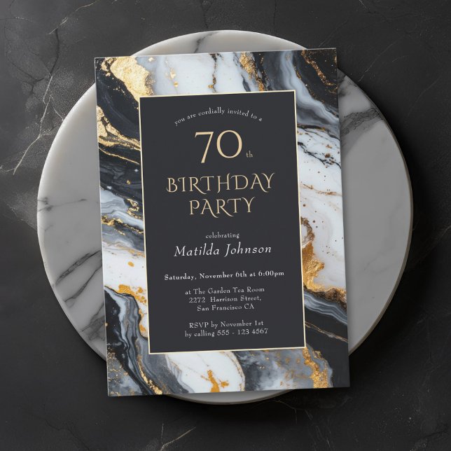 Elegante Schwarz und Gold 70. Geburtstag Einladung (Elegant Black and Gold 70th Birthday Invitation)