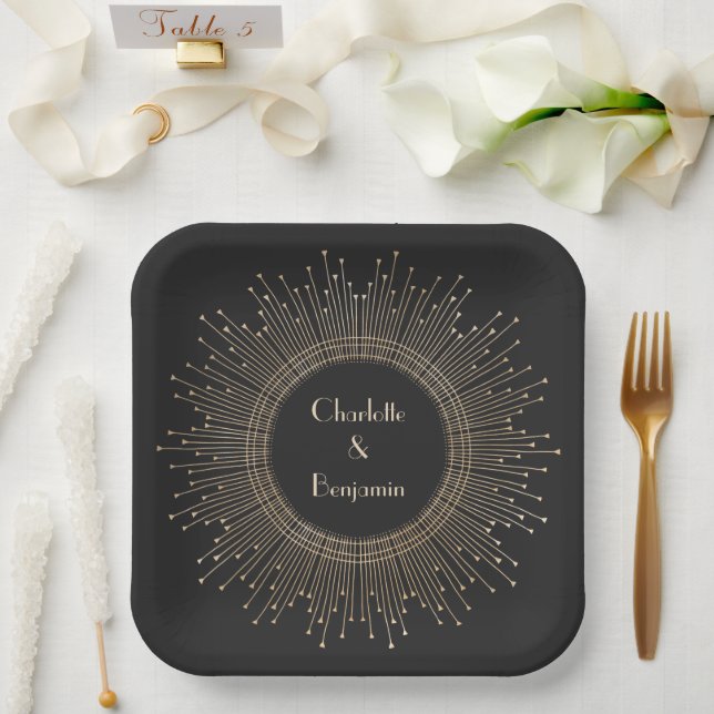 Elegante Schwarz und Gold Art Deco Pappteller (Hochzeit)