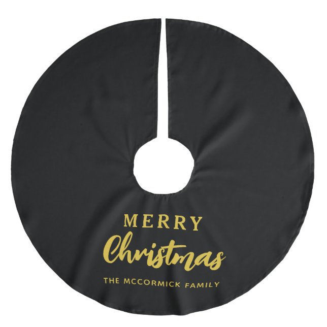 Elegante Schwarz und Gold Familie Name Weihnachten Polyester Weihnachtsbaumdecke (Vorderseite)
