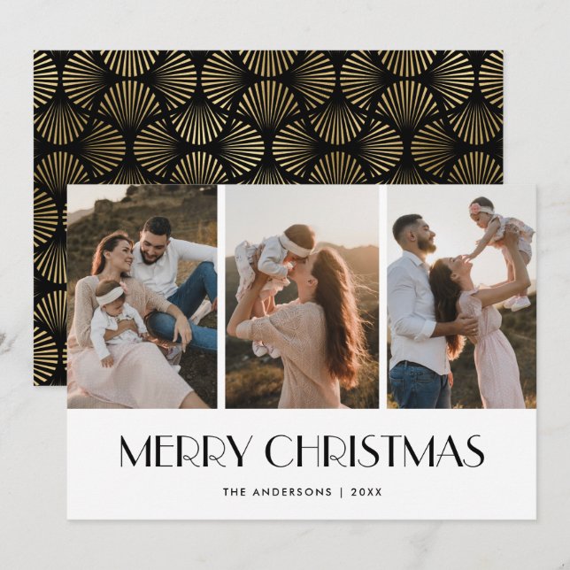 Elegante Schwarz und Gold Foto Collage Weihnachten (Vorne/Hinten)