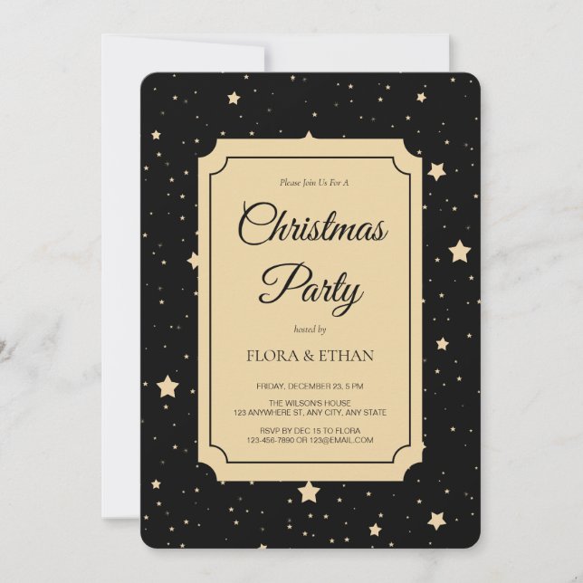 Elegante Schwarz und Gold Starry Night Weihnachten Einladung (Vorderseite)