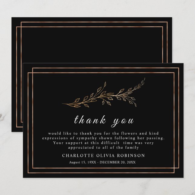 Elegante Schwarz und Golden Floral Dankeschön Kart Dankeskarte (Vorne/Hinten)