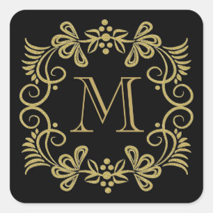 Elegante Schwarz-und Goldmonogramm-Aufkleber Quadratischer Aufkleber