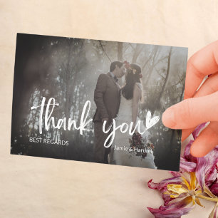 Elegante Schwarz und Grau 2 Foto Script Wedding Dankeskarte