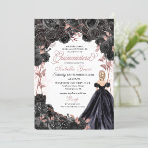 Elegante Schwarz und Rose Gold Floral Quinceanera Einladung