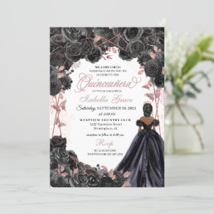 Elegante Schwarz und Rose Gold Floral Quinceanera  Einladung