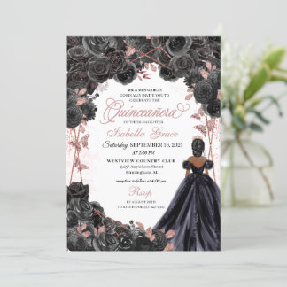 Elegante Schwarz und Rose Gold Floral Quinceanera  Einladung
