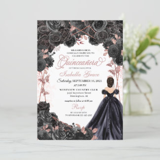 Elegante Schwarz und Rose Gold Floral Quinceanera Einladung