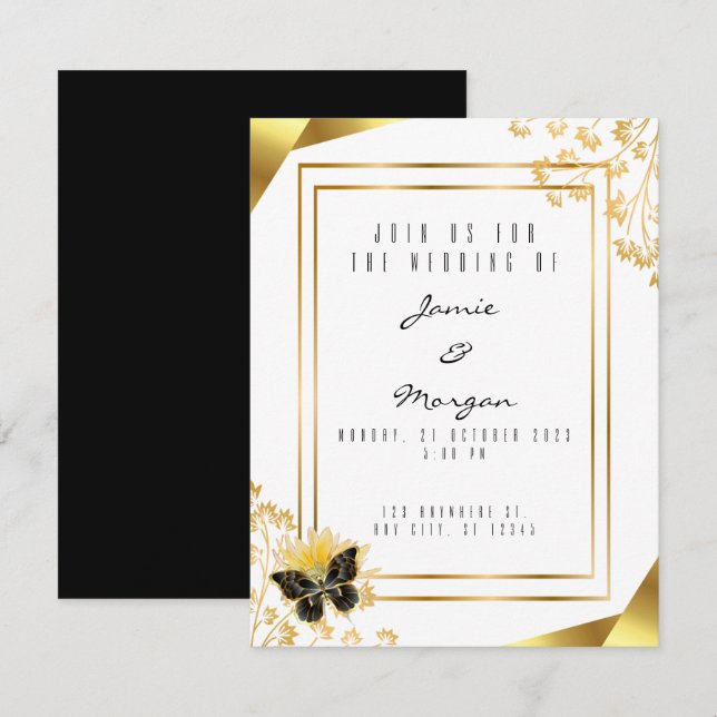 Elegante Schwarz und Shiny Butterfly White Wedding Mitteilungskarte (Vorne/Hinten)