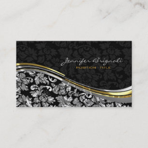 Elegante Schwarz- und Silberdamaste mit goldenen A Visitenkarte