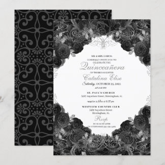 Elegante Schwarz und Silver Floral Quinceanera Einladung