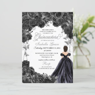 Elegante Schwarz und Silver Floral Quinceanera Einladung