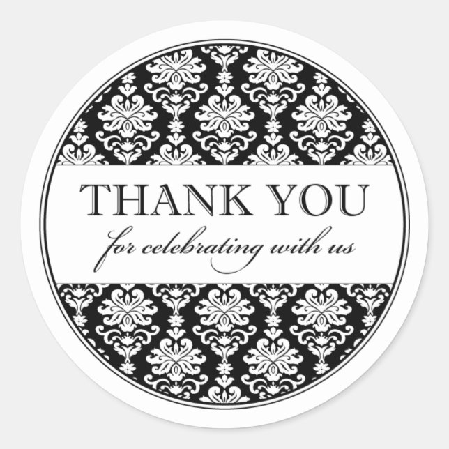 Elegante Schwarz und Weiß Damask Hochzeit Danke Runder Aufkleber (Vorderseite)