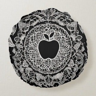 Elegante Schwarz-Weiß-Apfel-Mandala-Spitze Rundes Kissen