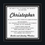 Elegante Schwarz-Weiß-Bar Mitzvah Einladung<br><div class="desc">Eleganter schwarz-weißer Streifen Bar Mitzvah Einladung. Die Informationen zur Einladung sind auf weißem Hintergrund. Personalisieren Sie mit Ihren Bar mitzvah Informationen mithilfe der einfachen Vorlagen. Schriftart,  Schriftart und Schriftart sind individuell einstellbar. Klassisch und traditionell,  die perfekte Bar mitzvah Einladung.</div>