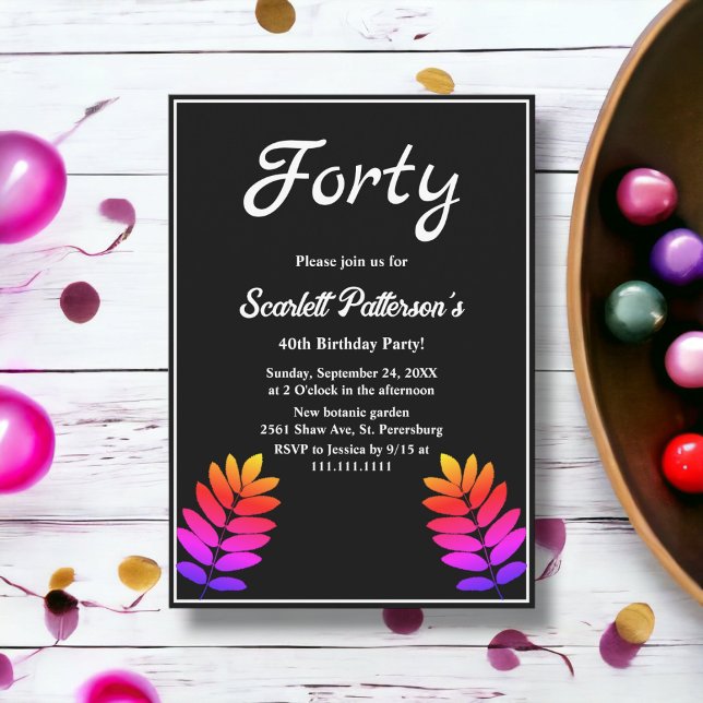 Elegante Schwarz-Weiß-Blätter 40. Geburtstag Einladung (Von Creator hochgeladen)