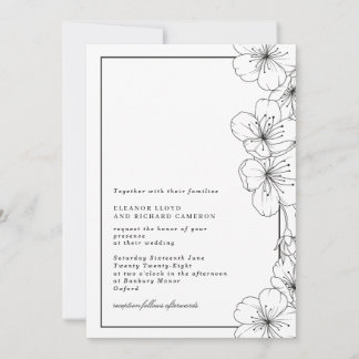 Elegante Schwarz-Weiß-Blossom Blumenhochzeit Einladung
