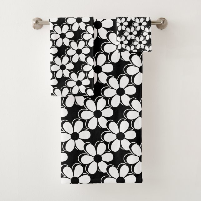 Elegante Schwarz-Weiß-Blume auf Schwarz Badhandtuch Set (Insitu)