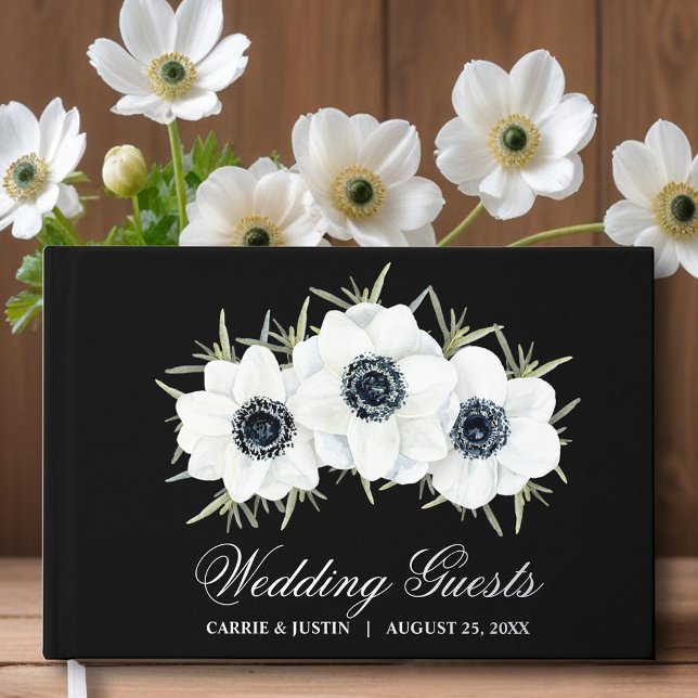 Elegante Schwarz-Weiß-Blume Hochzeit Gästebuch (Black and white flowers wedding guest book, your details in silver, gold or rose gold real foil)