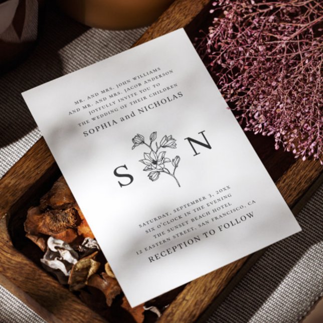 Elegante Schwarz-Weiß-Blumen-Hochzeit | Minimalist Einladung (Von Creator hochgeladen)