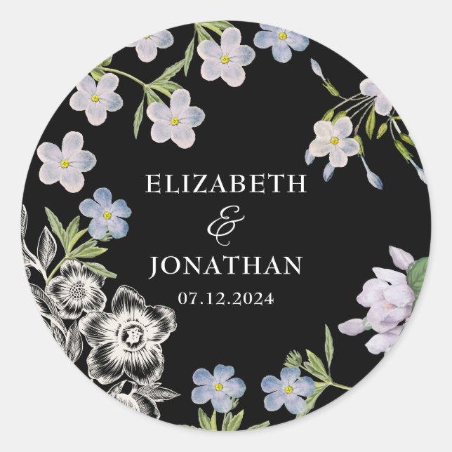 Elegante Schwarz-Weiß-Blumen-Hochzeit Runder Aufkleber (Vorderseite)