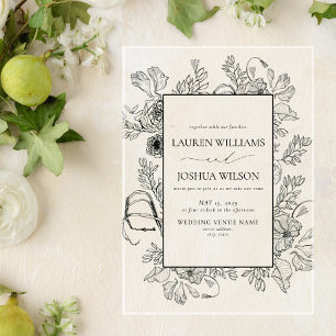 Elegante Schwarz-Weiß-Blumen-Linienkunst-Hochzeit Acryleinladungen