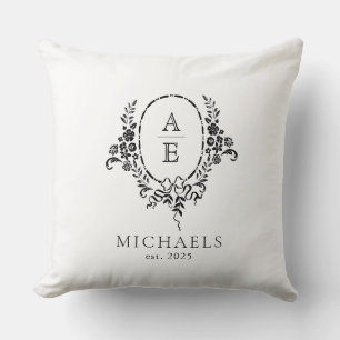 Elegante Schwarz-Weiß-Blumen-Monogramm-Hochzeit Kissen
