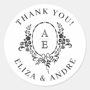 Elegante Schwarz-Weiß-Blumen-Monogramm-Hochzeit Runder Aufkleber