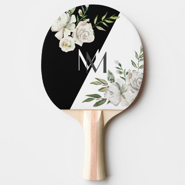 Elegante Schwarz-Weiß-Blumen-Monogramm-Initialen Tischtennis Schläger (Vorderseite)