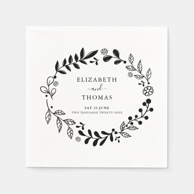 Elegante Schwarz-Weiß-Blumengarten Hochzeit Serviette (Vorderseite)