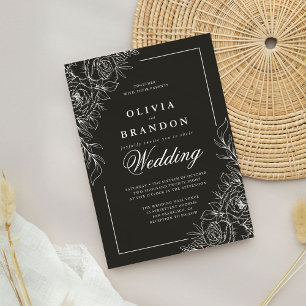 Elegante Schwarz-Weiß-Blütenhochzeit Einladung