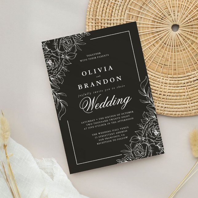 Elegante Schwarz-Weiß-Blütenhochzeit Einladung (Von Creator hochgeladen)