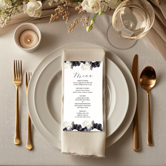 Elegante Schwarz-Weiß-Blütenhochzeit Menükarte (Von Creator hochgeladen)